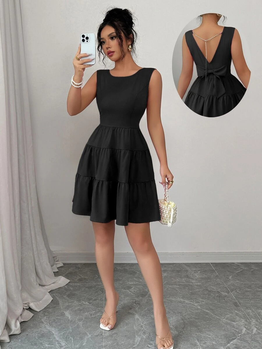Elenzga Women's Solid Color Simple Fashionable Summer Dress - Black - View 1