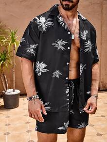 Manfinity VDAYZ 男士随机印花短袖衬衫和沙滩短裤泳裤图案沙滩装套装，适合海滩度假男士夏威夷衬衫和短裤，夏威夷 - 黑色 - 查看 7