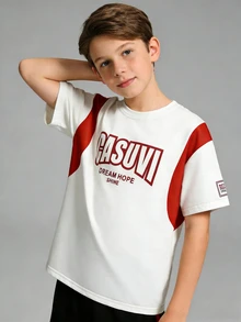 SHEIN Casuvi Kids Tween Boys Multicolor Sporty Letter Patched Short Sleeve Round Neck Long Fitted T-Shirt With Drop Shoulder - Multicolor - View 1