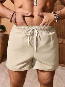 Manfinity VDAYZ Men's Beach Shorts Drawstring Waist Front Tie Pocket Double Layer Geometric Print Liner Resort Casual, Holiday - Khaki - View 3