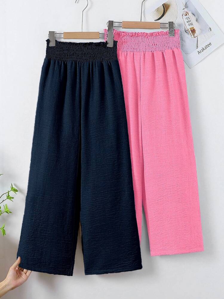 SHEIN Sparklyn Tween Girls Wide Leg Straight 2pcs Girls Casual Vacation Beach Countryside Travel Daily Wear Loose Flared Leg Pants, Fall, Minimalist, Back To School - Multicolor - View 2