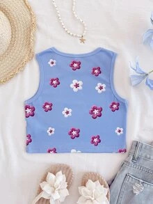 SHEIN 少女花卉刺绣无袖圆领背心 - 紫色 - 查看 2