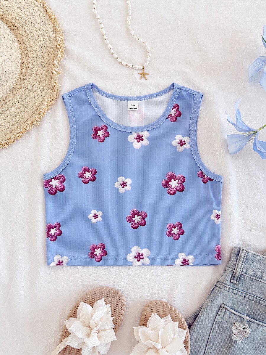 SHEIN 少女花卉刺绣无袖圆领背心 - 紫色 - 查看 1