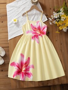 SHEIN 少女粉黃色喇叭迷你洋裝 度假清新細肩帶陽光裙 夏季沙灘休閒熱帶可愛日常穿搭 - 黃色 - 查看 4