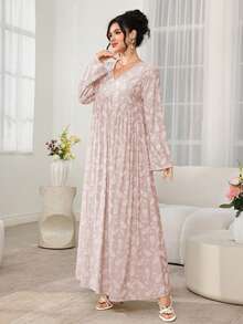 Al Najma New Retro Print V-Neck High Waist A-Line Long Sleeve Arabic Style Dress - Pink - View 3