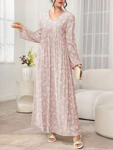 Al Najma New Retro Print V-Neck High Waist A-Line Long Sleeve Arabic Style Dress - Pink - View 5