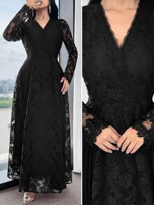 Feyla Women's Floral Lace V-Neck Long Sleeve Midi Dress, Elegant,Fall Clothes For Women,Black Dresses Classy Elegant,Fall Dresses For Women - Black - View 2