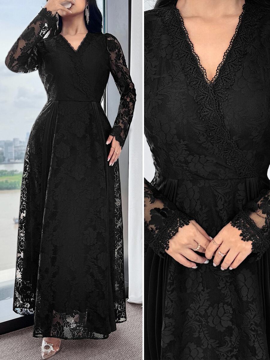 Feyla Women's Floral Lace V-Neck Long Sleeve Midi Dress, Elegant,Fall Clothes For Women,Black Dresses Classy Elegant,Fall Dresses For Women