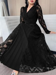 Feyla Women's Floral Lace V-Neck Long Sleeve Midi Dress, Elegant,Fall Clothes For Women,Black Dresses Classy Elegant,Fall Dresses For Women - Black - View 7