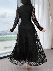Feyla Women's Floral Lace V-Neck Long Sleeve Midi Dress, Elegant,Fall Clothes For Women,Black Dresses Classy Elegant,Fall Dresses For Women - Black - View 3