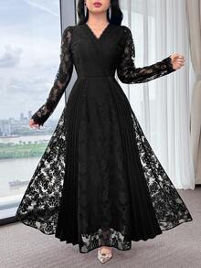 Feyla Women's Floral Lace V-Neck Long Sleeve Midi Dress, Elegant,Fall Clothes For Women,Black Dresses Classy Elegant,Fall Dresses For Women - Black - View 8