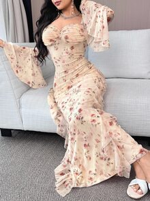 Feyla 女式花卉印花甜心领喇叭袖优雅连衣裙 - 彩色 - 查看 5