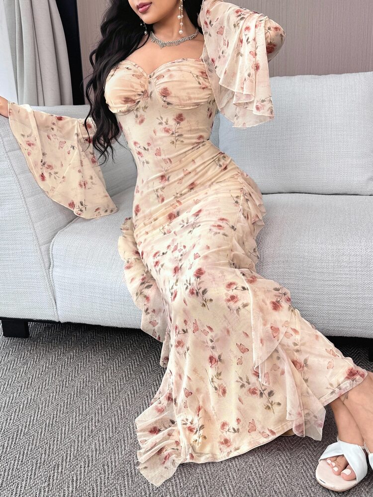 Feyla Women's Floral Print Sweetheart Neck Flare Sleeve Elegant Romantic Dress Vacation Beige Autumn - Multicolor - View 4