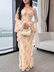 Feyla 女式花卉印花甜心领喇叭袖优雅连衣裙 - 彩色 - 查看 6