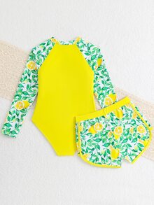 SHEIN Bikini-Set mit Zitronen-Muster für Tween Mädchen, zweiteiliger Badeanzug mit Frontverschluss, bescheidener Badeanzug für Strand, Surfen, Schwimmen, Wassersport - Gelb - Übersicht 2