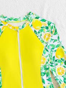 SHEIN Bikini-Set mit Zitronen-Muster für Tween Mädchen, zweiteiliger Badeanzug mit Frontverschluss, bescheidener Badeanzug für Strand, Surfen, Schwimmen, Wassersport - Gelb - Übersicht 3