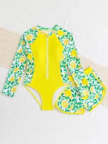 SHEIN Bikini-Set mit Zitronen-Muster für Tween Mädchen, zweiteiliger Badeanzug mit Frontverschluss, bescheidener Badeanzug für Strand, Surfen, Schwimmen, Wassersport - Gelb - Übersicht 5