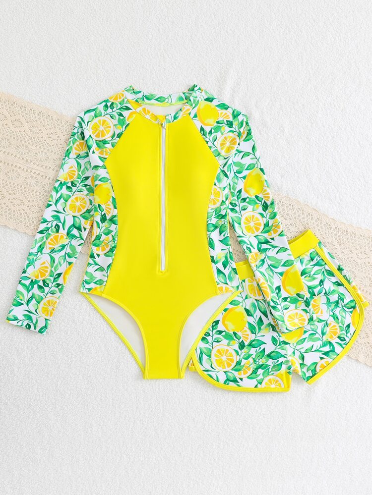 SHEIN Tween Girls Lemon Print Long Sleeve Bikini Sets, Front Zipper Two Pieces Swimwear, Modest Swimwear For Beach, Surfing, Swimming, Water Sports - Yellow - View 5