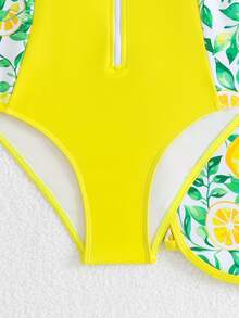 SHEIN Bikini-Set mit Zitronen-Muster für Tween Mädchen, zweiteiliger Badeanzug mit Frontverschluss, bescheidener Badeanzug für Strand, Surfen, Schwimmen, Wassersport - Gelb - Übersicht 4