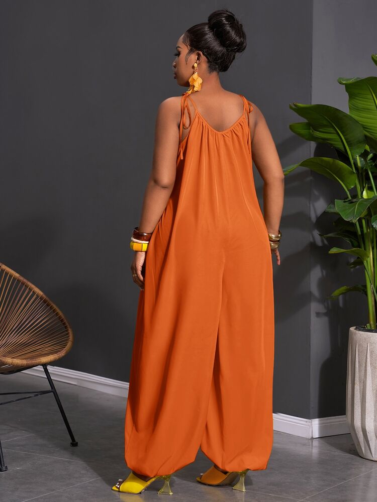 Slaydiva Women Burnt Orange Summer Boho Beach Holiday Sleeveless Jumpsuit,Wide Leg Loose Solid Color Pants,Casual Wedding Guest Party Streetwear Long Romper - Orange - View 2