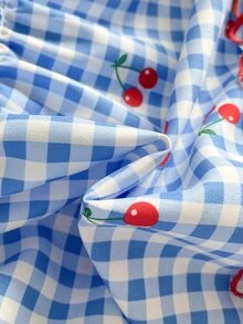 SHEIN Tween Girls Girls' Summer Princess Style Energetic Cherry Plaid Bow Strap Mini Dress, Outfit - Blue - View 7