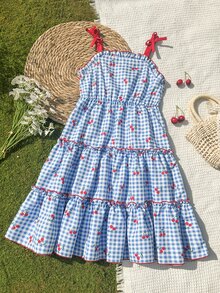 SHEIN Tween Girls Girls' Summer Princess Style Energetic Cherry Plaid Bow Strap Mini Dress, Outfit - Blue - View 6