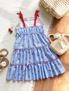 SHEIN Tween Girls Girls' Summer Princess Style Energetic Cherry Plaid Bow Strap Mini Dress, Outfit - Blue - View 2