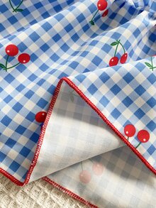 SHEIN Tween Girls Girls' Summer Princess Style Energetic Cherry Plaid Bow Strap Mini Dress, Outfit - Blue - View 8