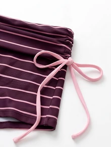 Swim Mod Women's Purple Striped Swimwear Set, Summer Beach Vacation Holiday Plus Size 2 Pieces Bikini, Backless Halter Top&Side Tie Shorts, Elegant Swimwear - Multicolor - View 5