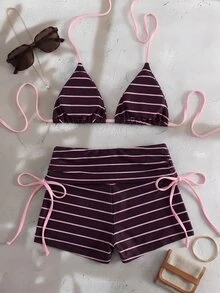 Swim Mod Women's Purple Striped Swimwear Set, Summer Beach Vacation Holiday Plus Size 2 Pieces Bikini, Backless Halter Top&Side Tie Shorts, Elegant Swimwear - Multicolor - View 2