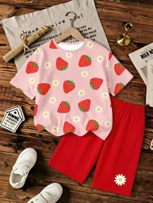 SHEIN Tween Girls 2pcs/Set Short Sleeve Round Neck Casual T-Shirt And Leggings Shorts Mini Set, Summer, Comfortable, Outfit, Daily - Multicolor - View 4