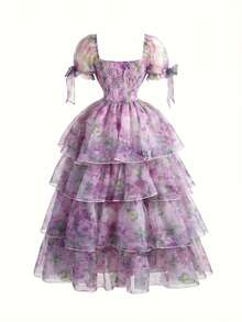 Skyraze Women's Floral Print Heart Neck Mesh Patchwork Short Sleeve Dress,Dresses For Women Summer - Mauve Purple - View 2