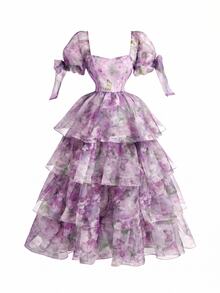 Skyraze Women's Floral Print Heart Neck Mesh Patchwork Short Sleeve Dress,Dresses For Women Summer - Mauve Purple - View 8