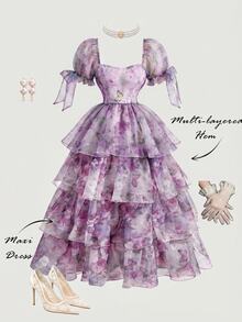 Skyraze Women's Floral Print Heart Neck Mesh Patchwork Short Sleeve Dress,Dresses For Women Summer - Mauve Purple - View 4