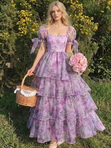 Skyraze Women's Floral Print Heart Neck Mesh Patchwork Short Sleeve Dress,Dresses For Women Summer - Mauve Purple - View 1