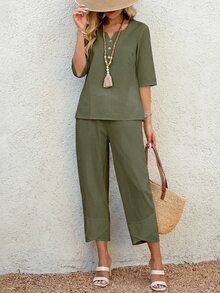 EMERY ROSE Women's Vacation Solid Color V-Neck Shirt And 3/4 Pants Set,Vacation Outfits Women - Green - View 4