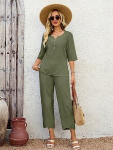 EMERY ROSE Women's Vacation Solid Color V-Neck Shirt And 3/4 Pants Set,Vacation Outfits Women - Green - View 7
