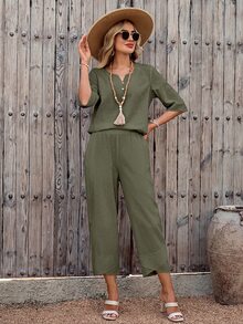 EMERY ROSE Women's Vacation Solid Color V-Neck Shirt And 3/4 Pants Set,Vacation Outfits Women - Green - View 3