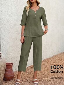 EMERY ROSE Women's Vacation Solid Color V-Neck Shirt And 3/4 Pants Set,Vacation Outfits Women - Green - View 8