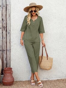 EMERY ROSE Women's Vacation Solid Color V-Neck Shirt And 3/4 Pants Set,Vacation Outfits Women - Green - View 6