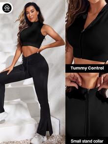 Easithlete Easithlete Zip Up Crop Sports Tank Top Fitted Shirtworkout Tank Top - Black - View 5