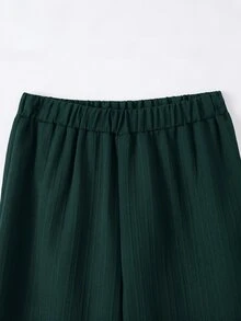 SHEIN 青少年女孩 2件/套夏季可愛家庭套裝，白色祖母綠編織圓領短袖蝴蝶結裝飾寬鬆上衣直筒褲 - 綠色 - 查看 3