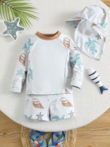 SHEIN 3件套男女宝宝休闲夏季度假海龟印花长袖短裤套装，含遮阳帽，适合春夏季穿着，居家、外出、旅行、海滩、泳池、派对等场合。 - 彩色 - 查看 4