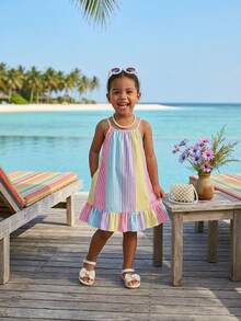 SHEIN Elladie kids 女童白色條紋編織數位印花下擺荷葉邊細肩帶陽光裙，夏季仙女風，生日度假、假日派對、度假日常穿搭 - 彩色 - 查看 3
