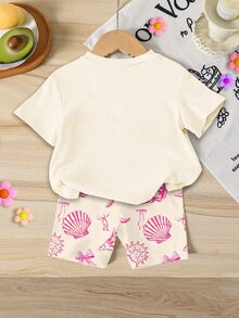 SHEIN 2件組可愛女嬰淺粉色格紋夏季套裝，海洋生物貝殼蝴蝶結印花圓領T恤搭配修身單車短褲，度假海灘風 - 彩色 - 查看 2
