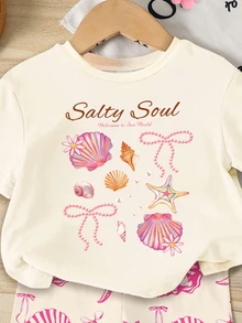 SHEIN 2件組可愛女嬰淺粉色格紋夏季套裝，海洋生物貝殼蝴蝶結印花圓領T恤搭配修身單車短褲，度假海灘風 - 彩色 - 查看 6