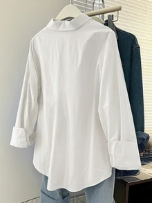 INAWLY Plus Size Women's Solid Color Long Sleeve Single-Breasted Pocket Shirt Fall - White - View 2