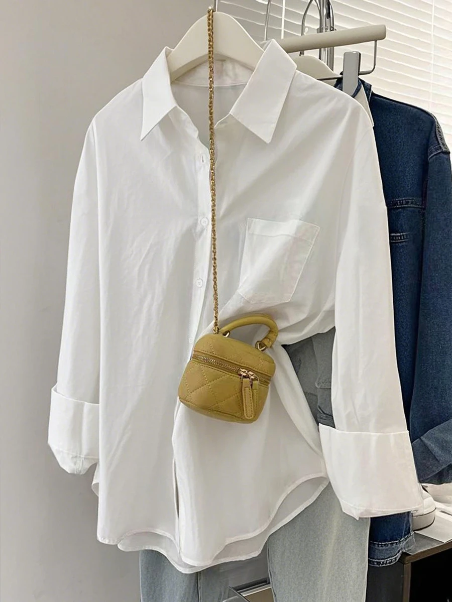 INAWLY Plus Size Women's Solid Color Long Sleeve Single-Breasted Pocket Shirt Fall - White - View 1