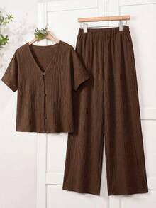 EMERY ROSE Women's Casual Minimalist Coffee Brown 2-Piece Set,Summer Boho Holiday Vacation Outfits,V-Neck Textured Batwing Short Sleeve Top&Wide Leg Pants Set - Brown - View 4