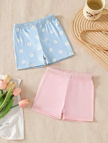 SHEIN 两件套女童休闲时尚圆领无袖黑色上衣搭配洋红色花卉图案短款打底裤，夏季浅蓝色和浅粉色百搭轻盈顺滑针织面料，时尚现代柔软材质，适合日常穿着，时尚舒适亲肤，轻薄透气，是小童的理想之选。 - 藍色 - 查看 2